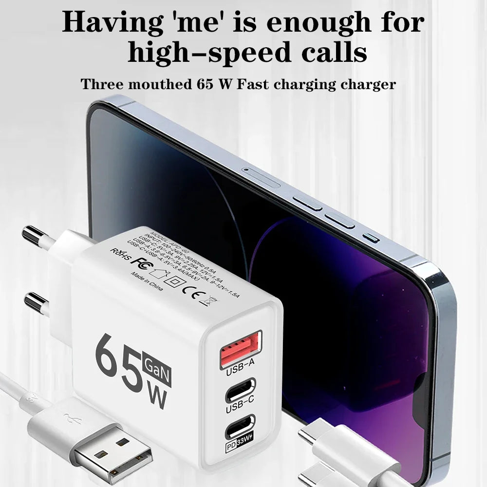 65W GaN USB-C Fast Charger EU/US Plug | Quick Charge 3.0 GaN Wall Charger QXL