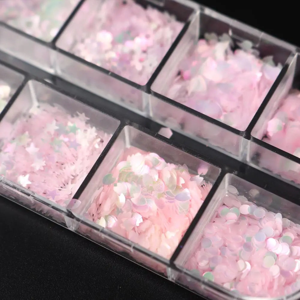 Pink Aurora Glitter Nail Sequins – Mixed Shapes Box Nail Art Sequins QXL