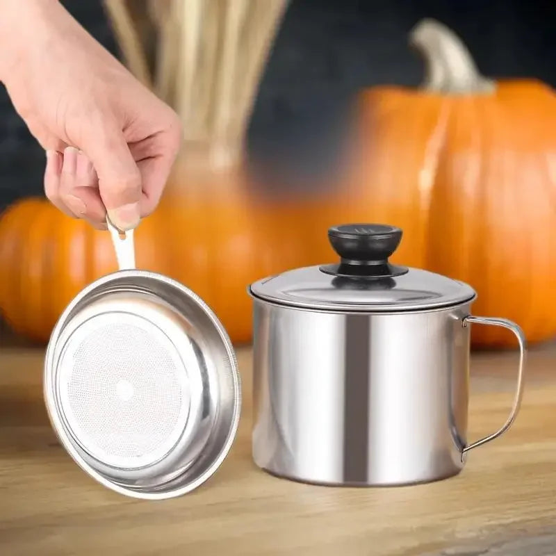 Stainless Steel Oil Strainer Pot with Filter, Lid & Base Oil Strainer Pot QXL