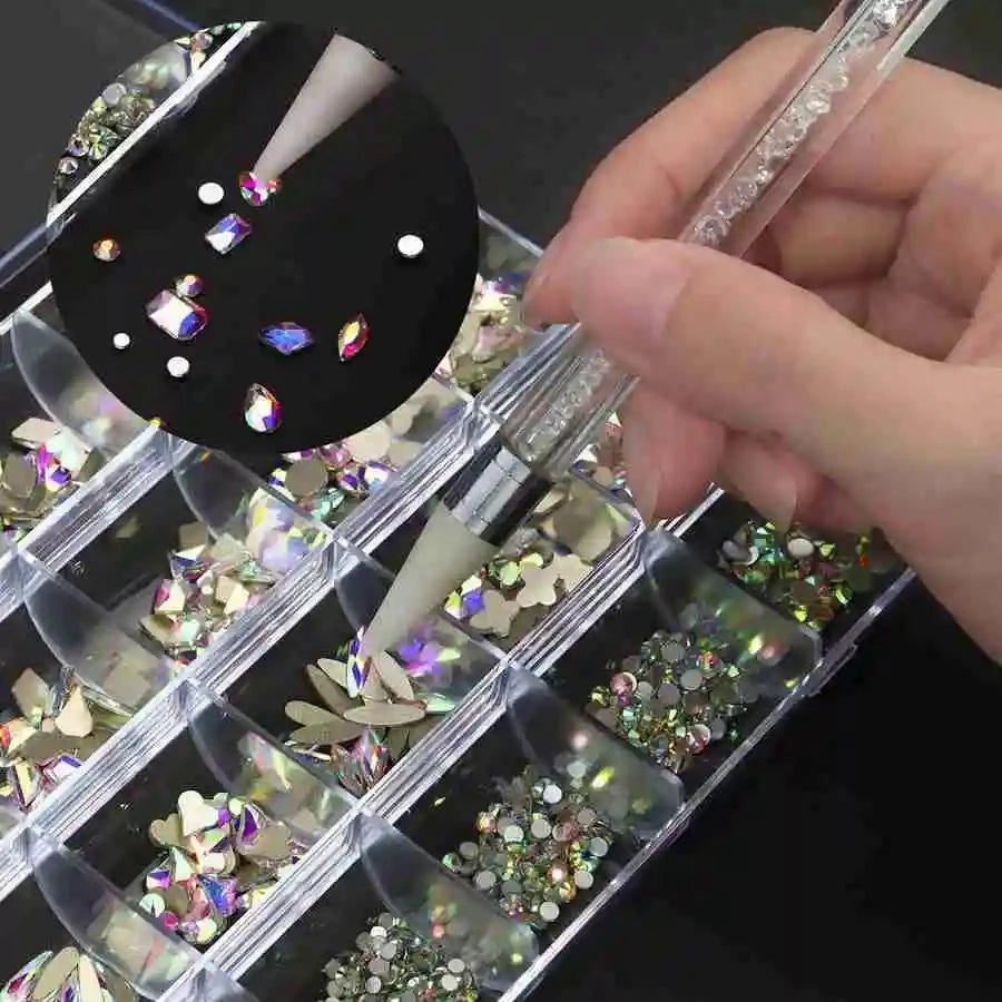 2460-Pc Nail Rhinestones Set | Pink Clear AB Crystal Gems 24 Grid Nail Art Rhinestones QXL