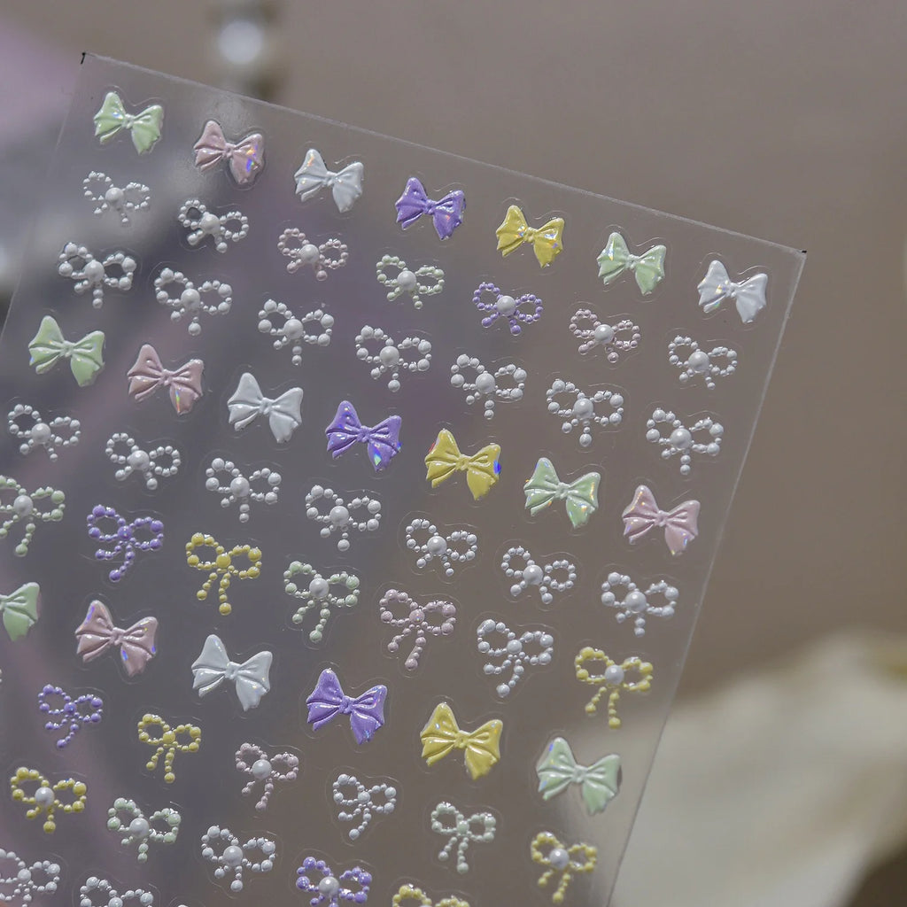 Macaron Bow 5D Nail Stickers | Pearl & Chain Decals Nail Art Stickers QXL