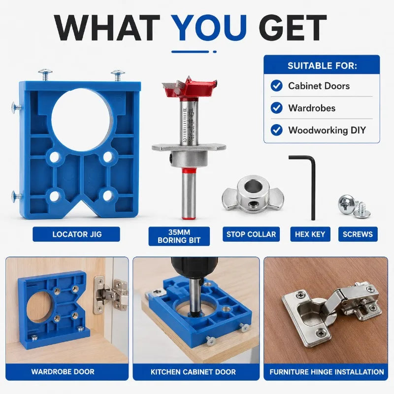 35mm Hinge Drilling Jig Set | Hole Locator & Boring Bit Hinge Drilling Jig QXL