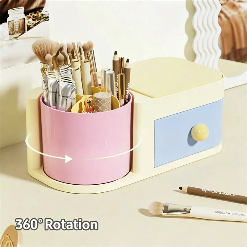 360° Rotating Makeup Brush Holder with Mirror & Jewelry Box Makeup Brush Organizer QXL