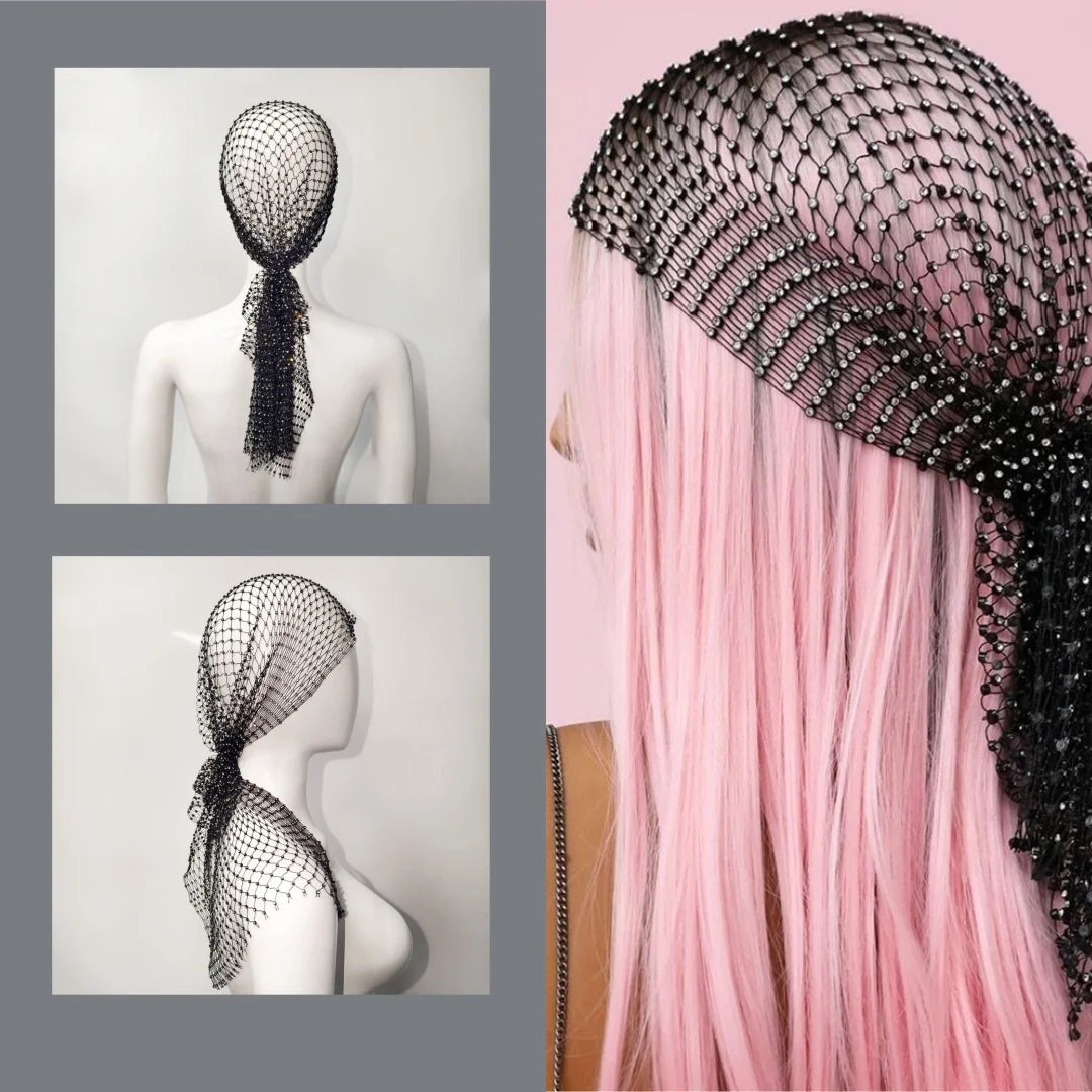 Rhinestone Fishnet Balaclava | Crystal Mesh Head Wrap Rhinestone Head Wrap QXL