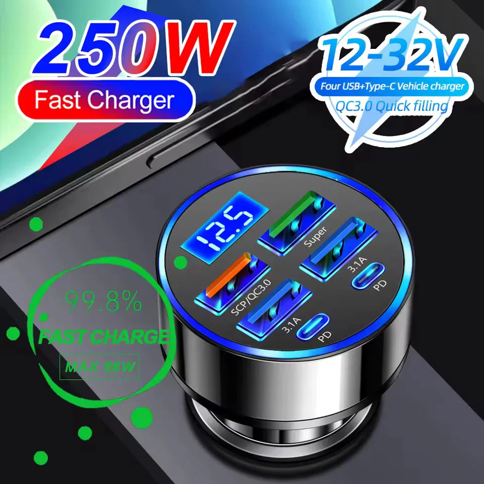 6-in-1 QC3.0 & PD Car Charger with Digital Voltage Display USB Car Charger QXL