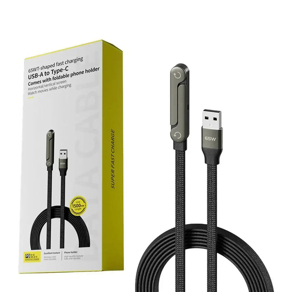 240W USB-C Fast Charging Cable with 360° Folding Phone Holder Charging Cable Holder QXL USB to C 65W