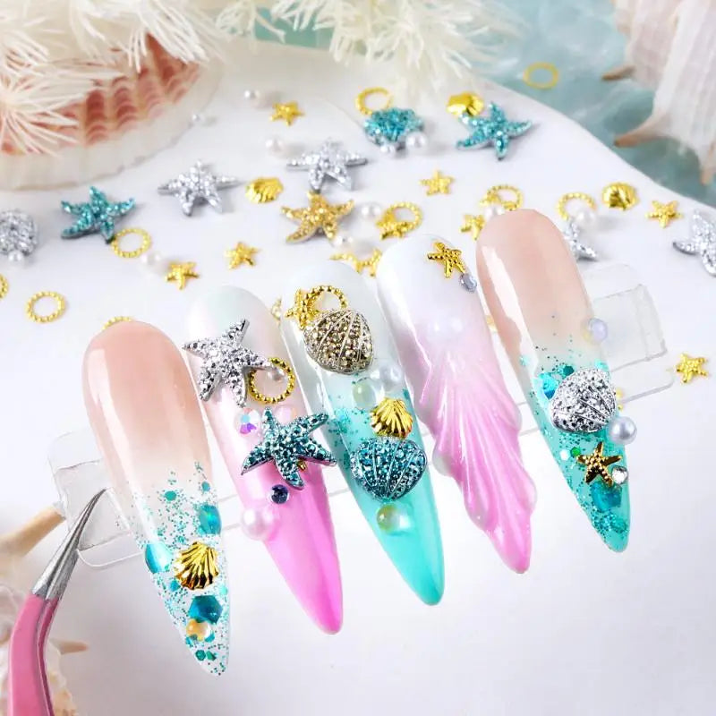 3D Ocean Nail Charms – Shell Starfish Pearl Metal Resin Art 3D Nail Charms QXL