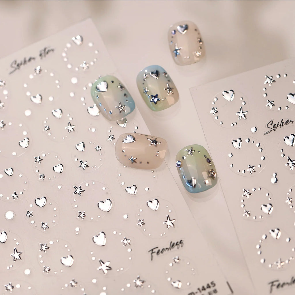 5D Silver Star & Heart Nail Art Stickers – Self-Adhesive Decals Nail Art Stickers QXL