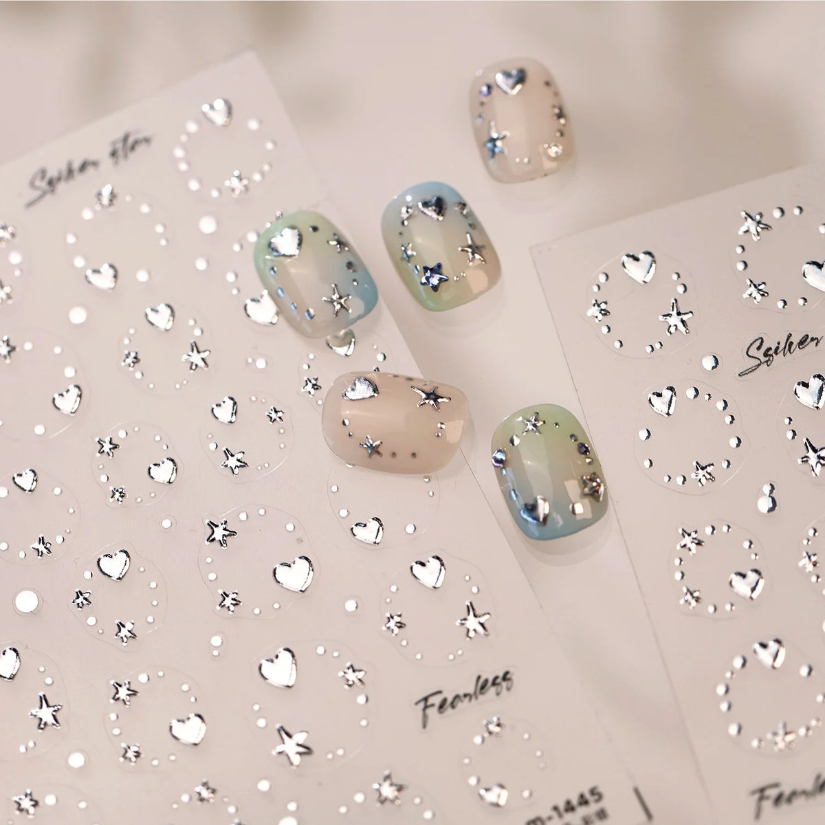 5D Silver Star & Heart Nail Art Stickers – Self-Adhesive Decals Nail Art Stickers QXL
