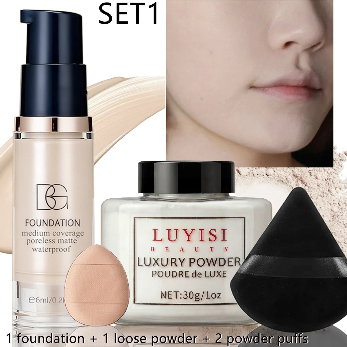 4-Pc Face Base Set: Foundation, Loose Powder & Puffs Foundation Makeup Set QXL set 1