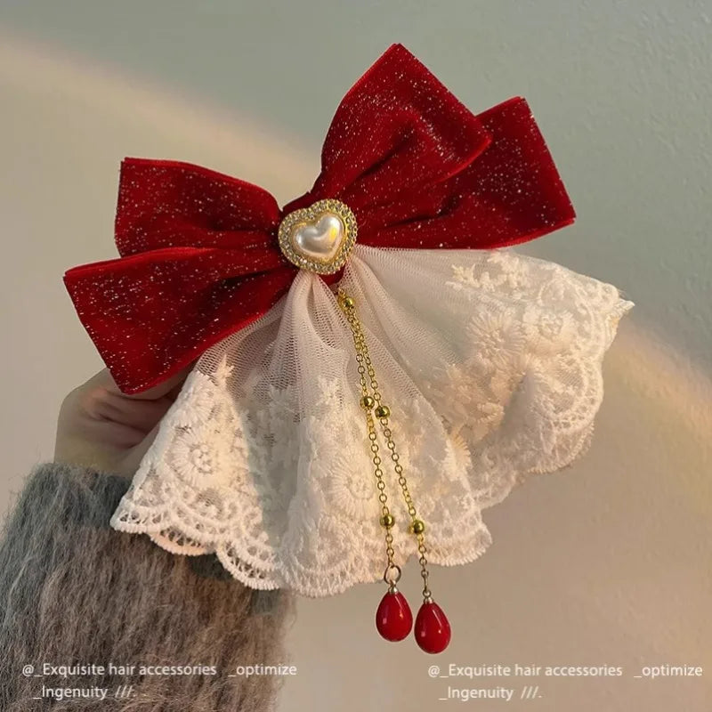 Red Lace Bow Hair Clip | Rhinestone Crystal Hairpin for Women Bow Hair Clip QXL