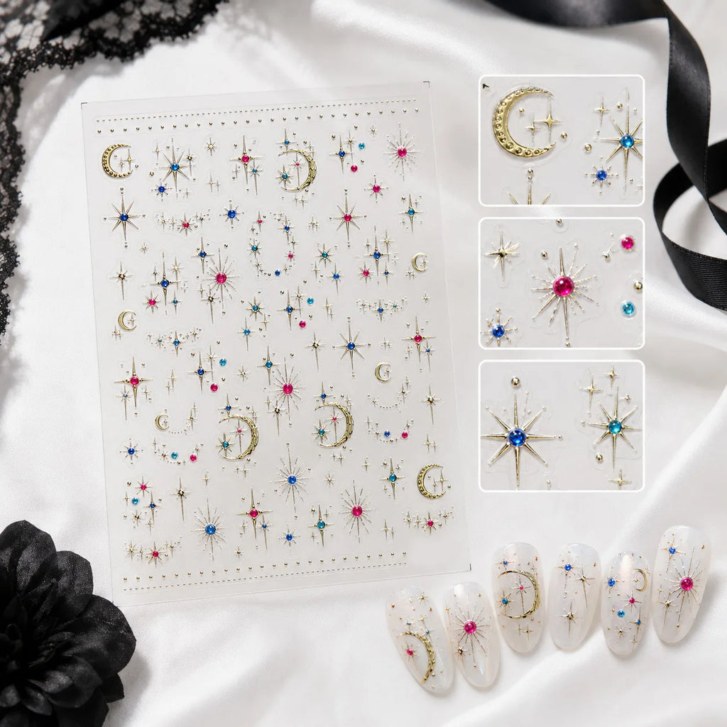 5D Luxury Nail Stickers | Moon Star Rhinestone Decals Nail Art Stickers QXL
