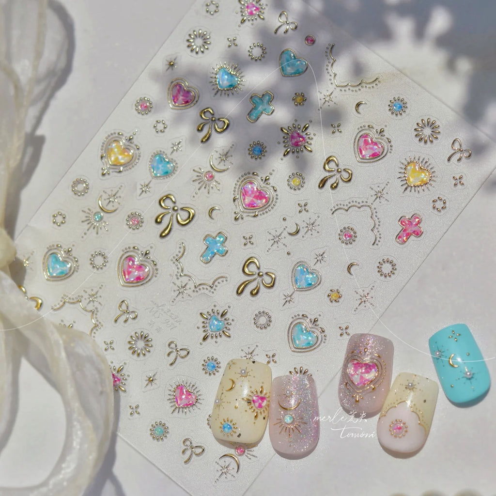 5D Embossed Nail Stickers | Heart Rhinestone Bow Moon Star Decals Nail Art Stickers QXL