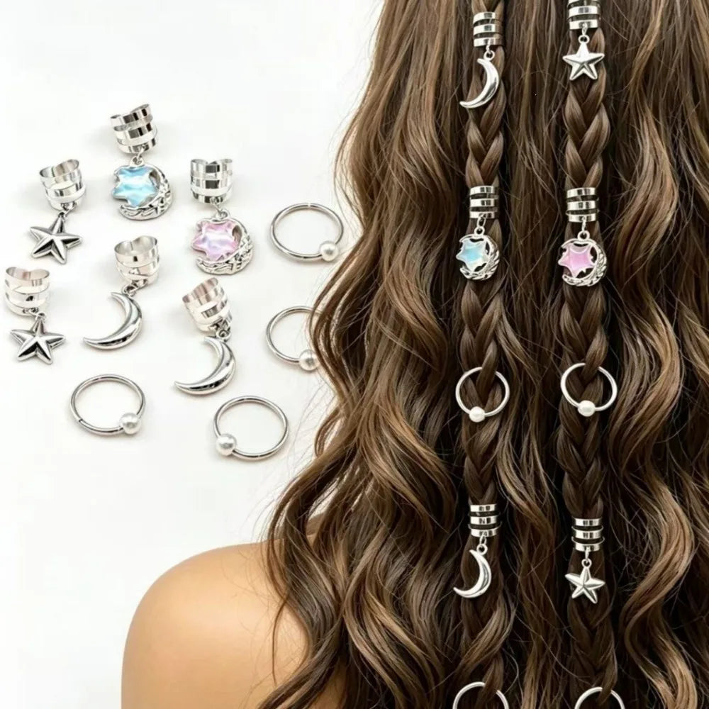 10-Pack Star & Moon Hair Cuffs Braid Rings with Pendants Hair Braid Cuffs QXL