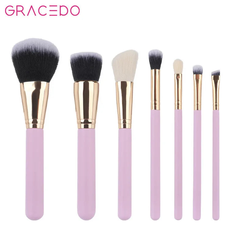 7-Piece Pink Makeup Brush Set | Wood Handle Nylon Bristles Makeup Brush Set QXL
