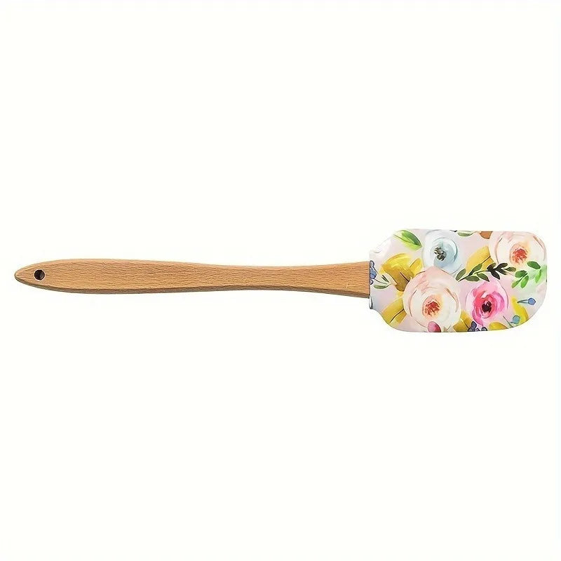 Floral Silicone Spatula Set with Wooden Handle | Baking Silicone Spatula Set QXL B