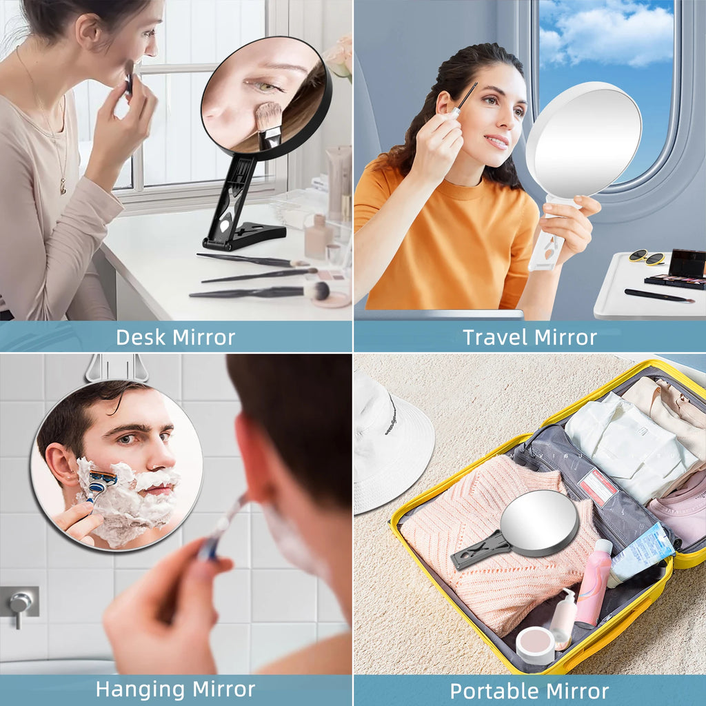 Double-Sided 1X/10X Magnifying Travel Hand Mirror with Handle Magnifying Makeup Mirror QXL