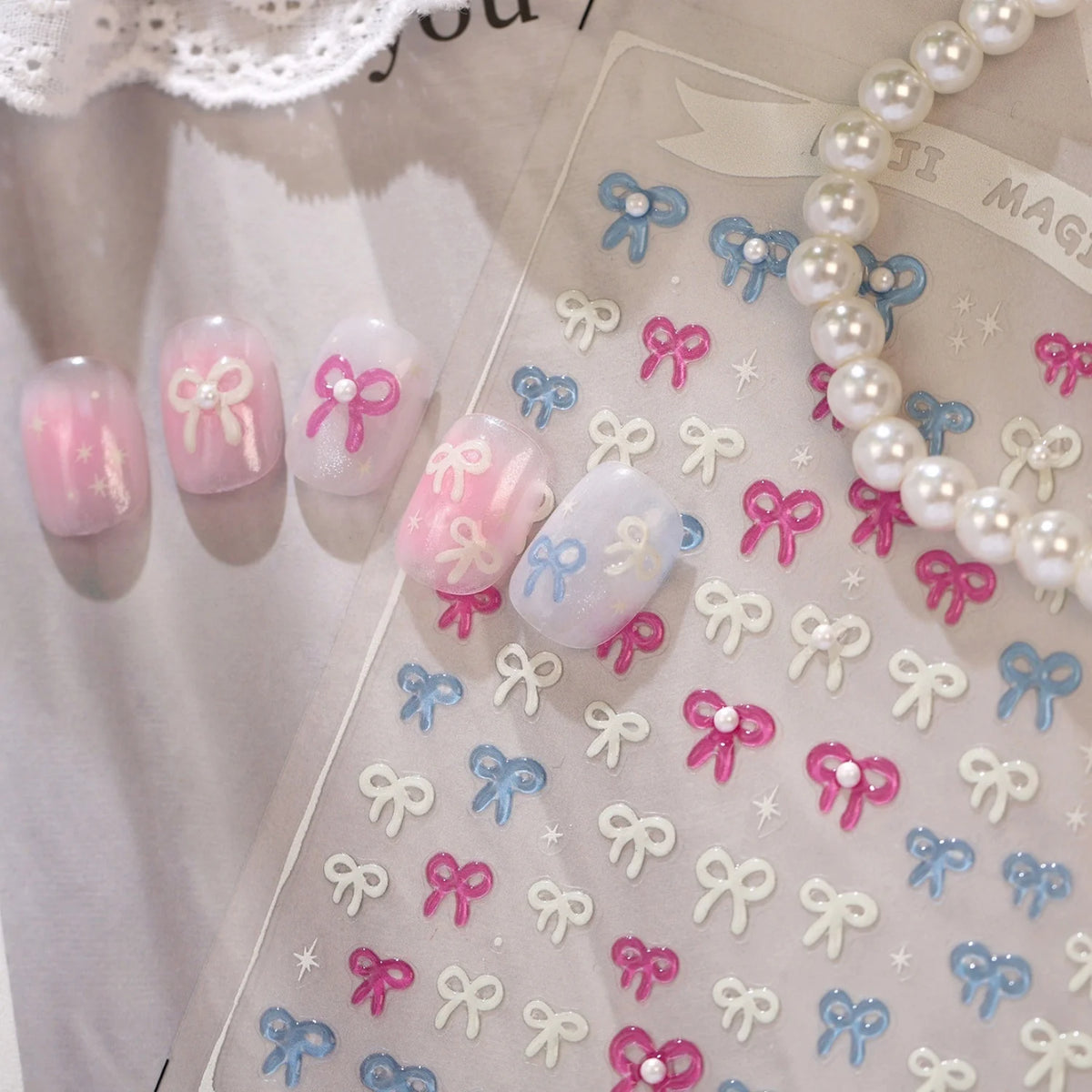 French Pearl Bow 5D Nail Art Stickers | Ballet Glitter Decals Nail Art Stickers QXL