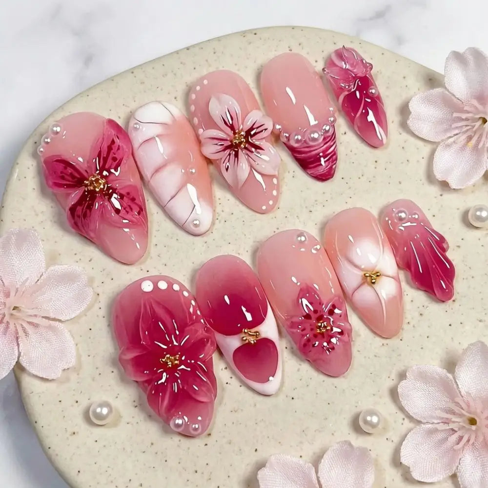 3D Flower Almond Press-On Nails | Gradient Pink Reusable Set Press-On Nail Set QXL