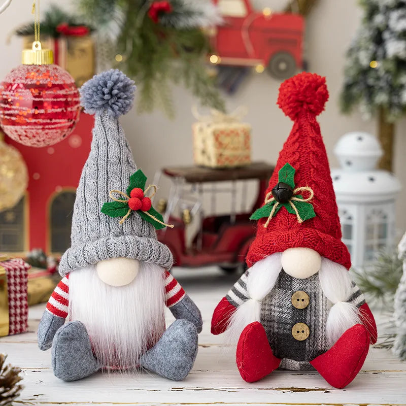 Nordic Sitting Gnome Ornaments | Knitted Hat Santa Dolls 2-Pack Christmas Gnome Ornament QXL Red and Grey S