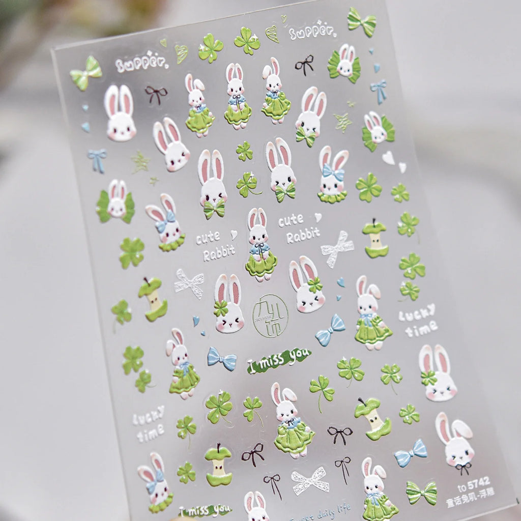 5D Embossed Rabbit Nail Art Stickers | Garden Clover Bow Decals Nail Art Stickers QXL