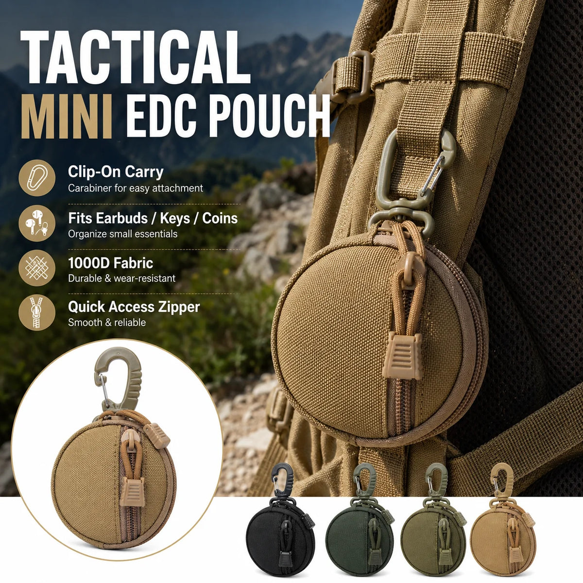 1000D Tactical Mini Round EDC Pouch with Carabiner Clip Tactical EDC Pouch QXL