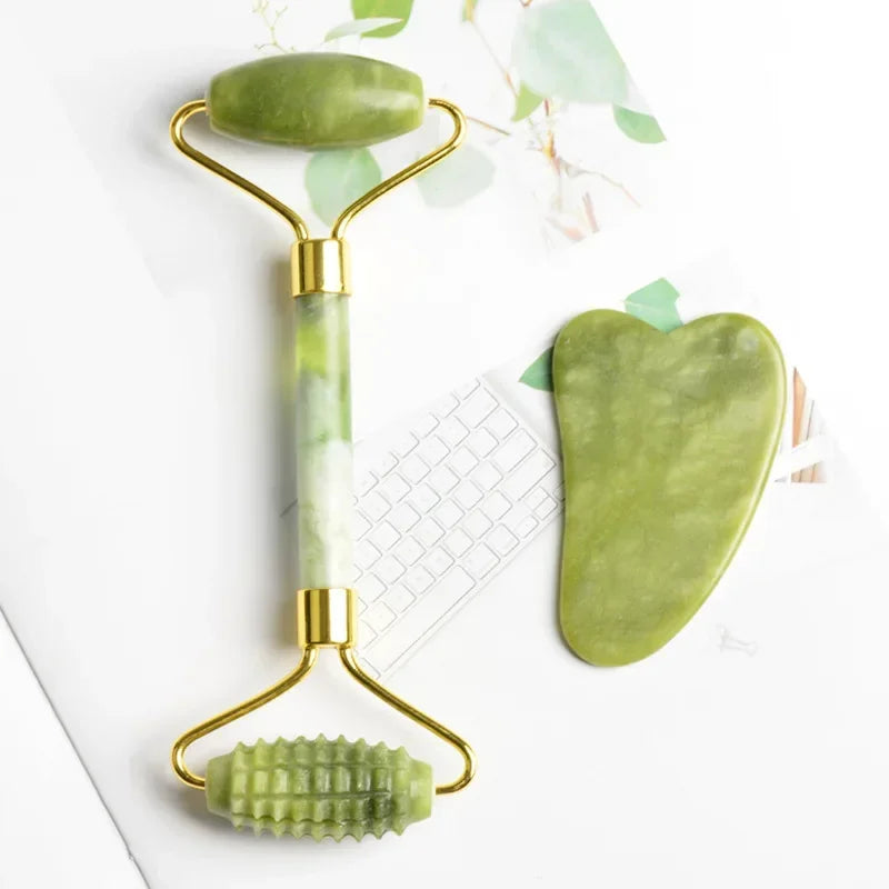 Jade Face Roller & Gua Sha Board Set | Natural Stone Massager Jade Facial Roller Set QXL