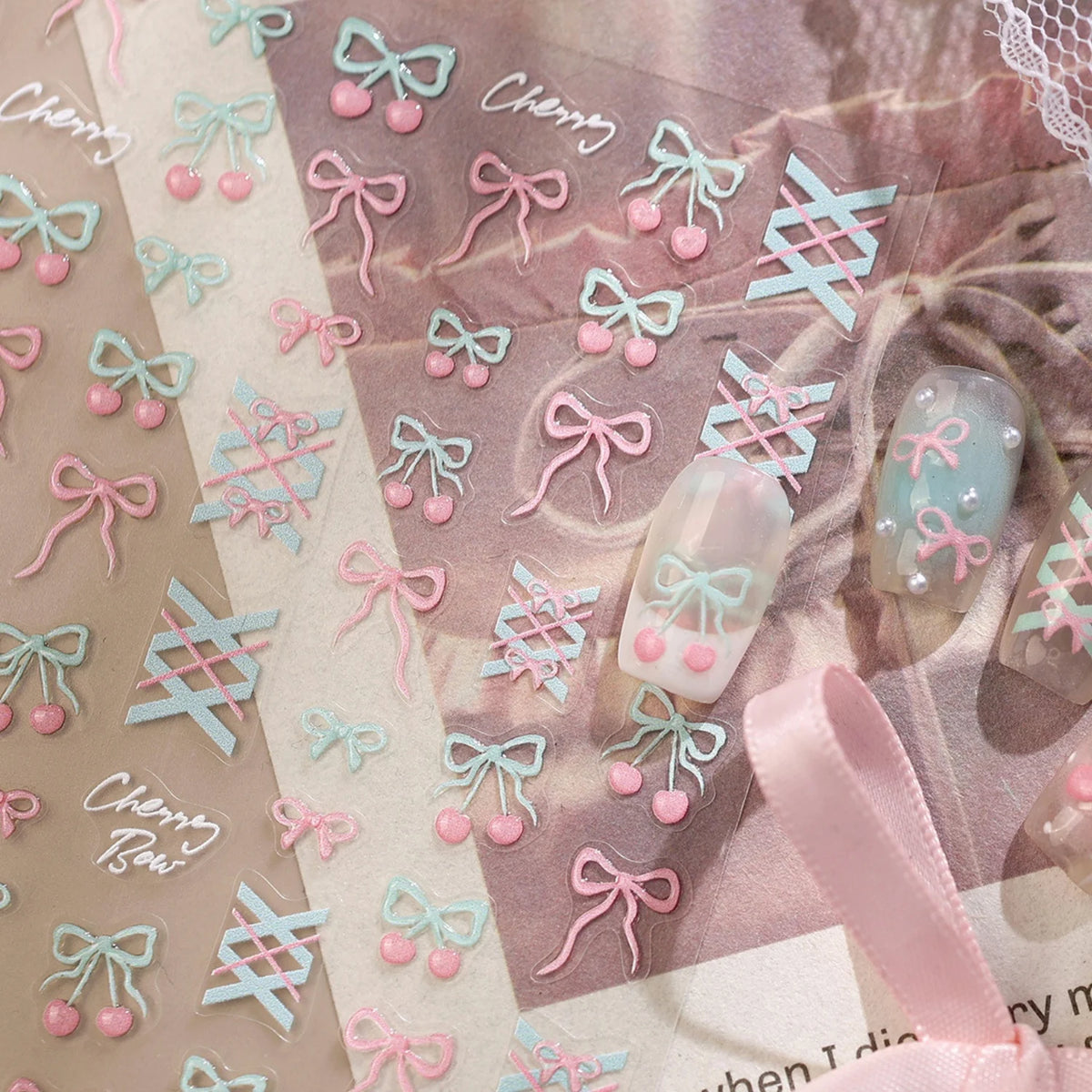 5D Cherry Bow Nail Stickers | Pink Blue Plaid Self-Adhesive Nail Art Stickers QXL