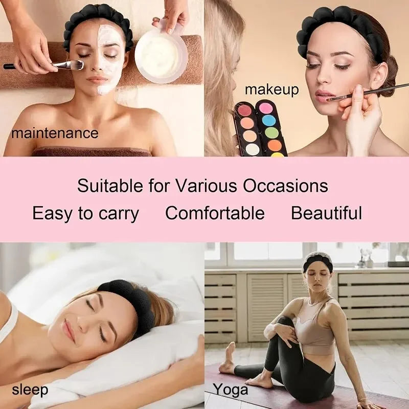 3-Pc Puffy Sponge Headband & Wristband Set for Face Washing Spa Headband Set QXL