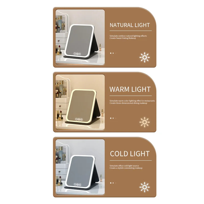 Foldable LED Makeup Mirror | 3-Color Light, Rechargeable LED Vanity Mirror QXL