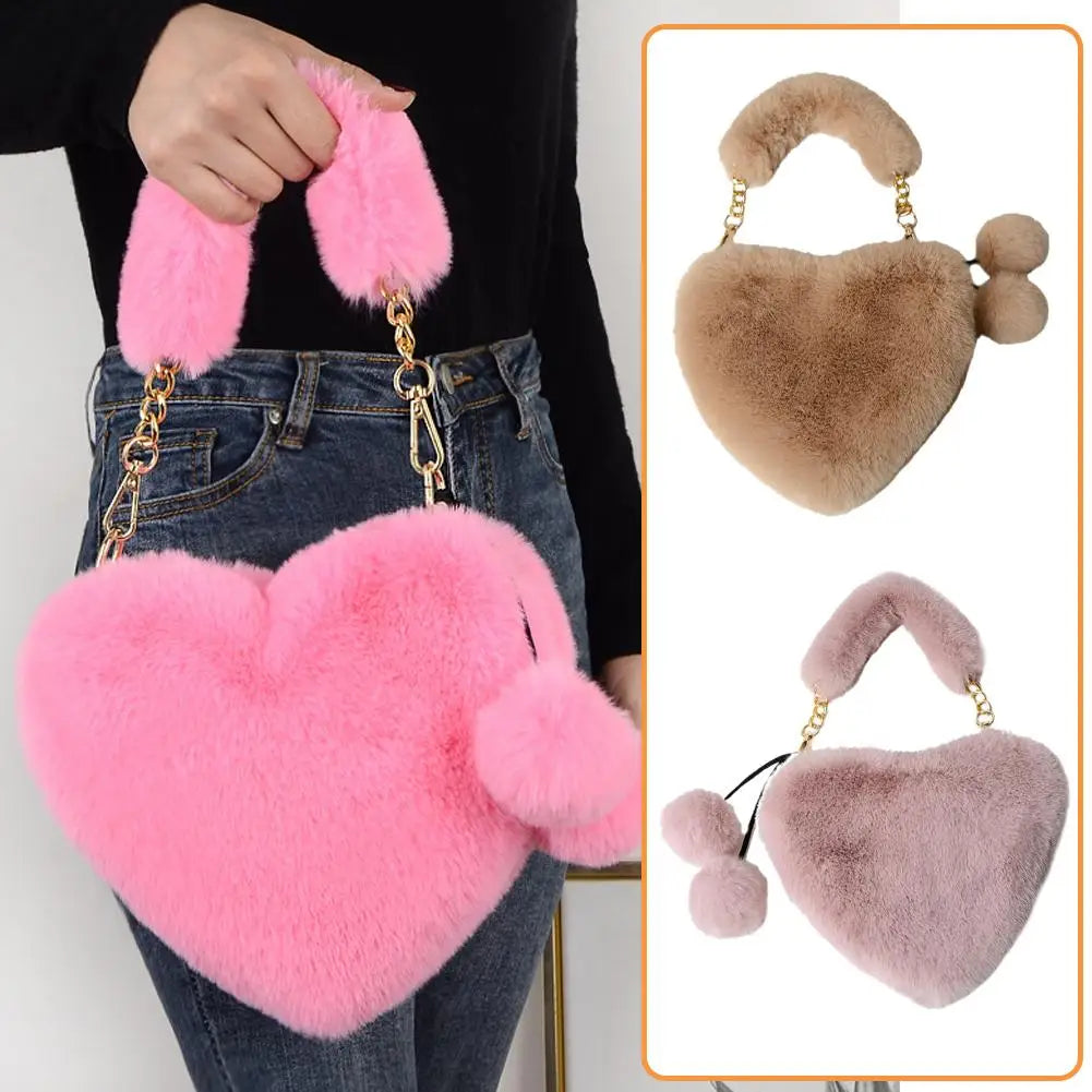 Plush Heart Shaped Shoulder Bag | Faux Fur Women's Clutch Purse Plush Shoulder Bag QXL