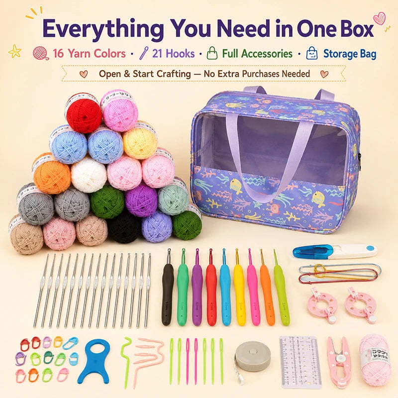 70-Piece Beginner Crochet Starter Kit – Hooks, Yarn & Bag Crochet Starter Kit QXL