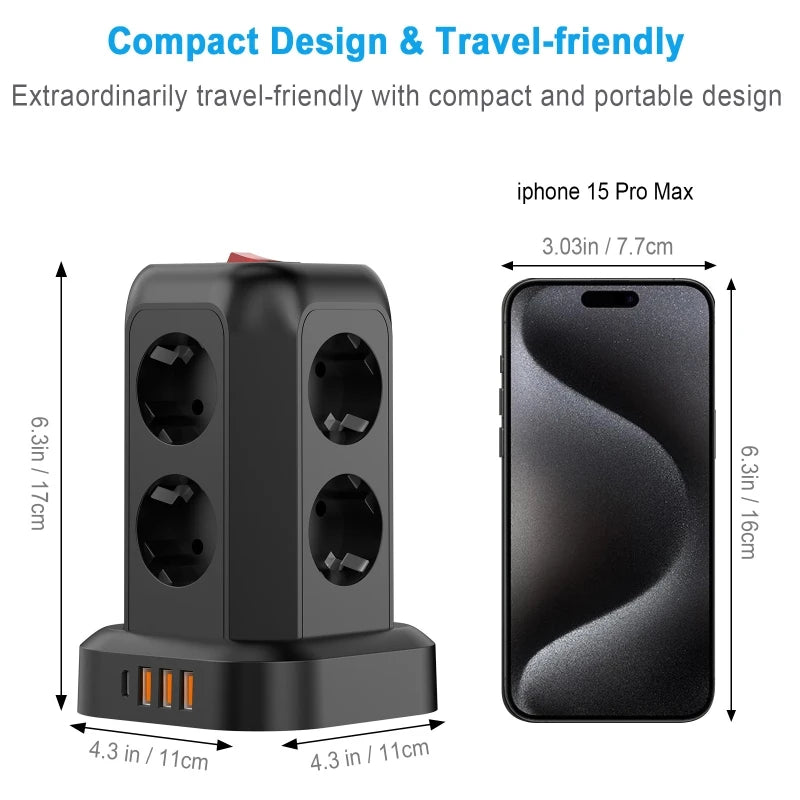 EU Tower Power Strip | 8 Outlets, 3 USB & Type-C | Surge Guard Tower Power Strip QXL
