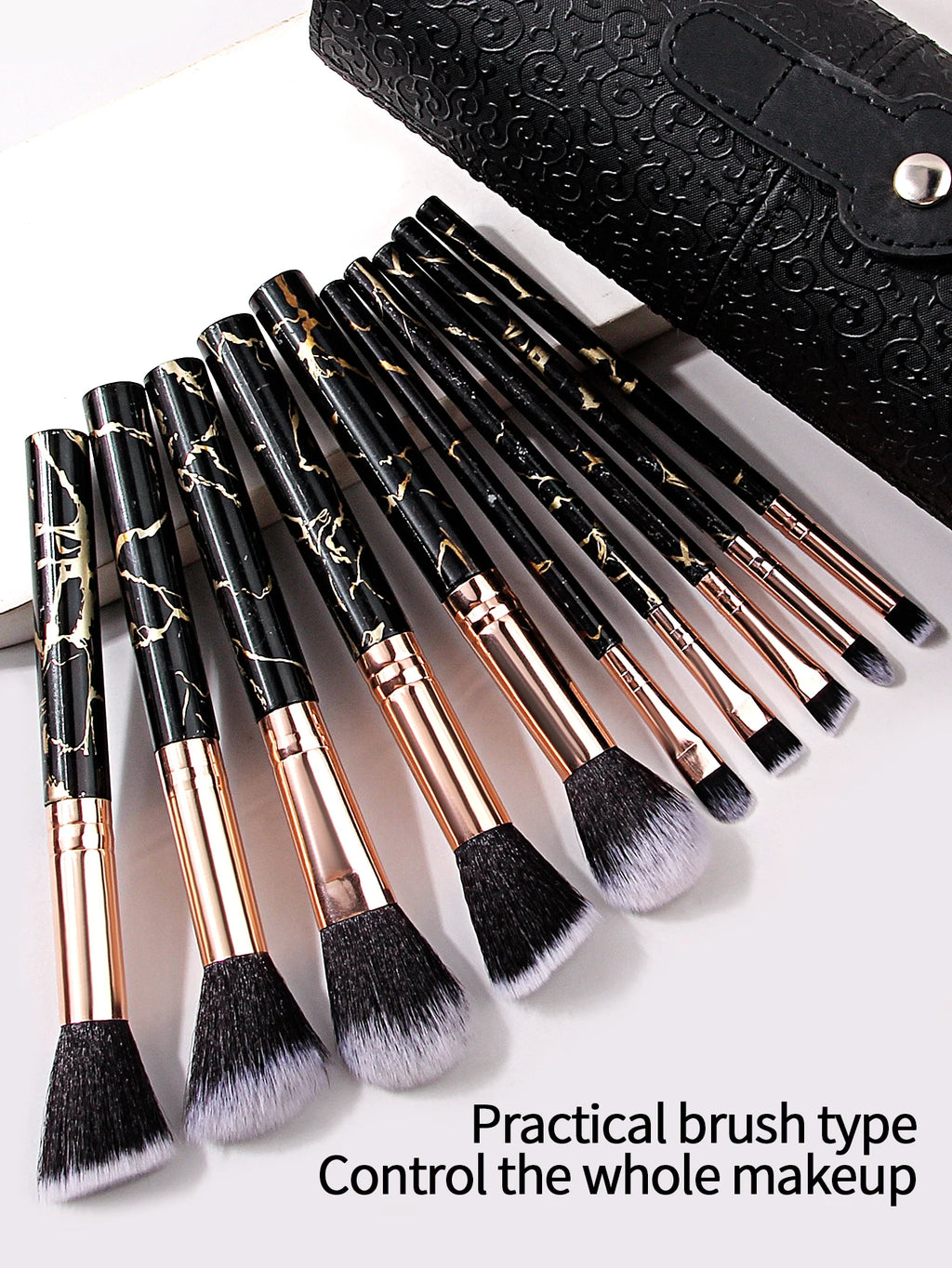 10-Pc Marble Makeup Brush Set & PU Leather Storage Bucket Makeup Brush Set QXL