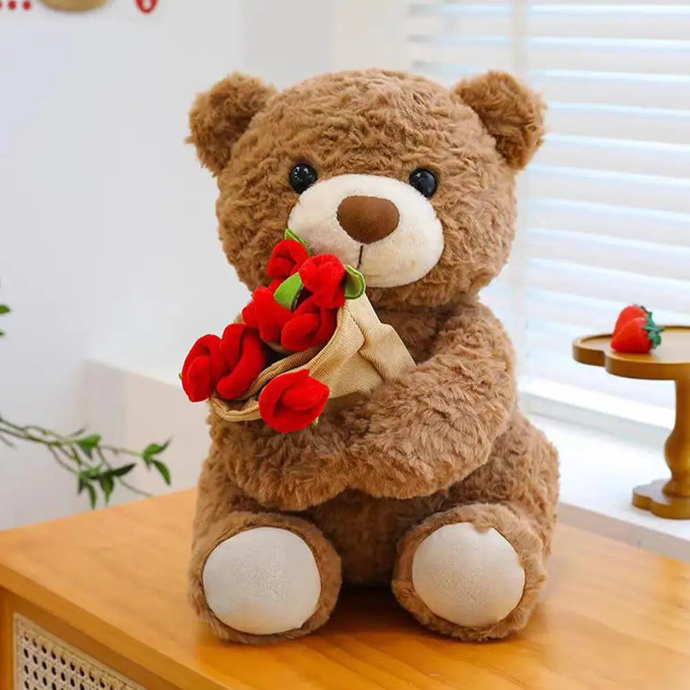 Rose Bear Plush Toy with Mini Rose Bouquet | 30cm & 38cm Stuffed Plush Toy QXL