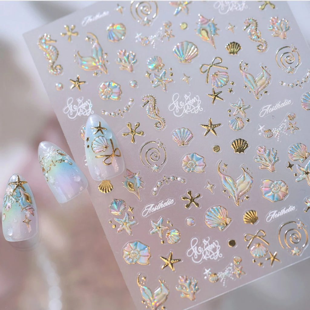 5D Golden Marine Nail Stickers – Seahorse Shell Starfish Decals Nail Art Stickers QXL