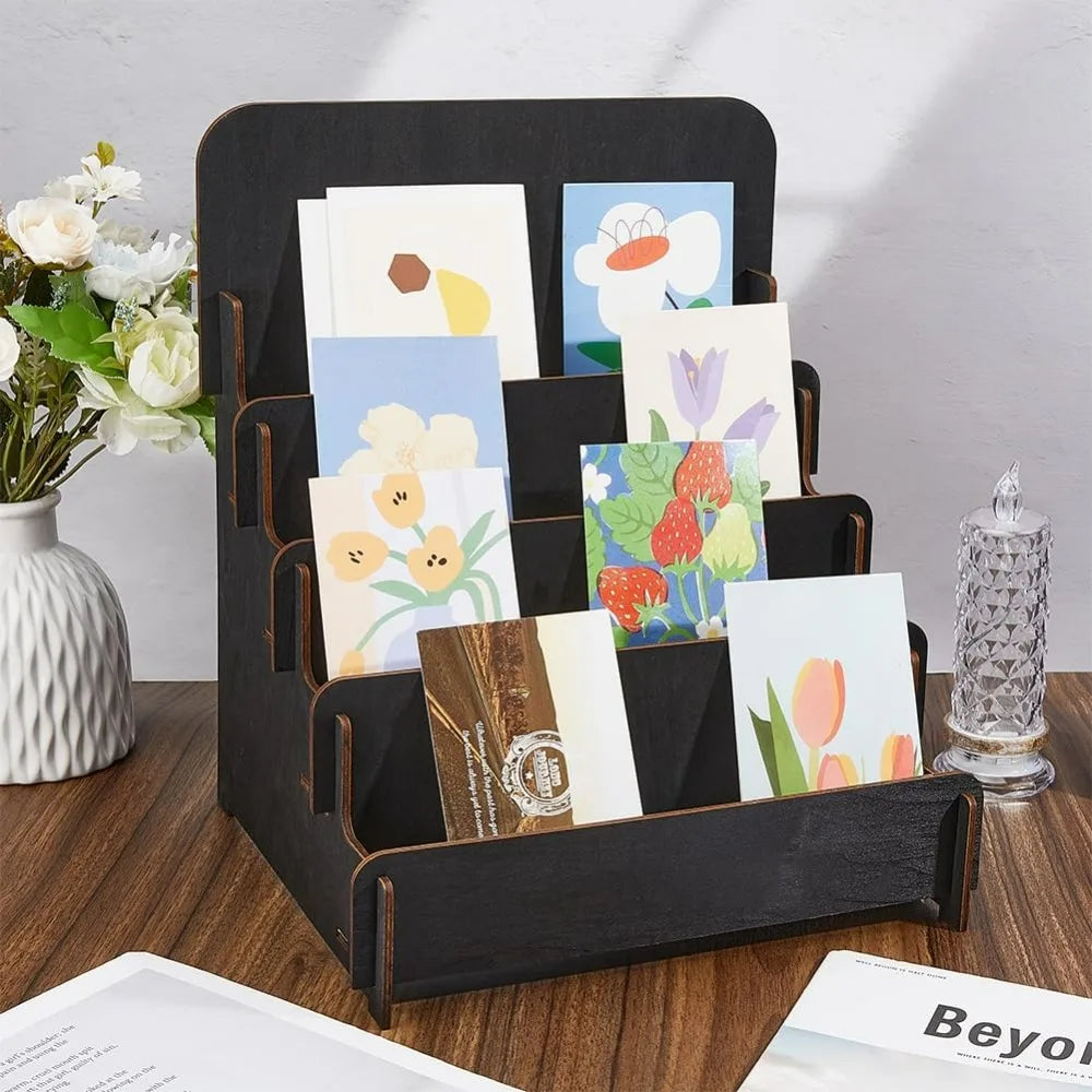 4-Tier Wooden Greeting Card & Brochure Display Stand – Black Card Display Stand QXL