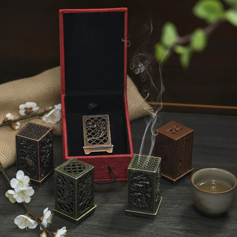 Classic Metal Incense Burner | Traditional Engraving & Gift Box Incense Burner Set QXL