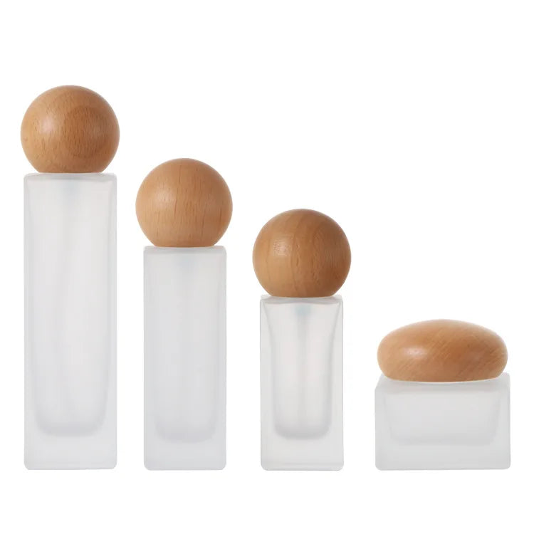 Frosted Glass Lotion Pump Bottle with Wood Cap | 20–120ml Glass Pump Bottle QXL