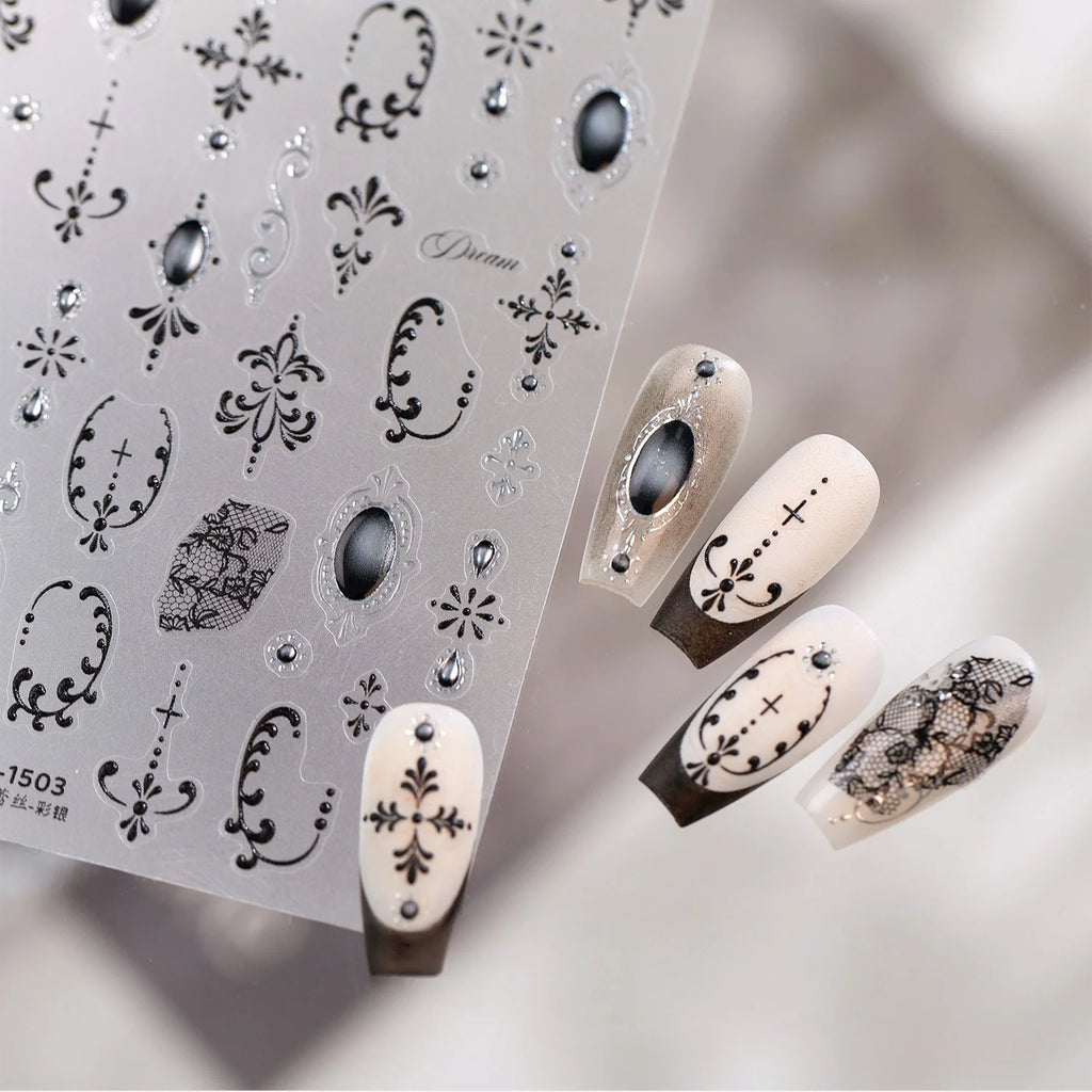 Vintage Black Lace Gem 5D Nail Stickers | Self-Adhesive Decals Nail Art Stickers QXL