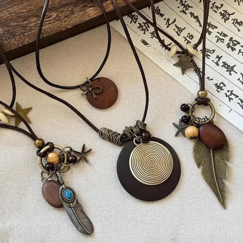 Vintage Boho Layered Pendant Necklace | Antique Long Chain Pendant Necklace QXL