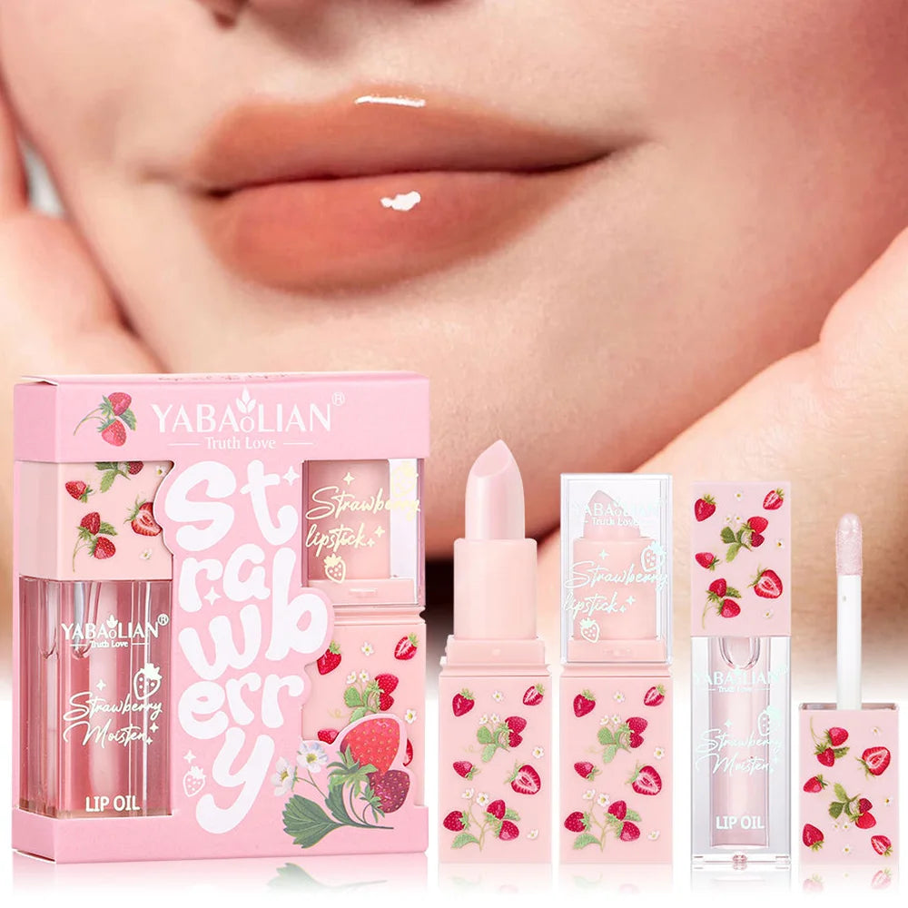 Strawberry Lip Balm & Lip Oil 2-Piece Moisturising Lip Care Set Lip Balm & Lip Oil Set QXL