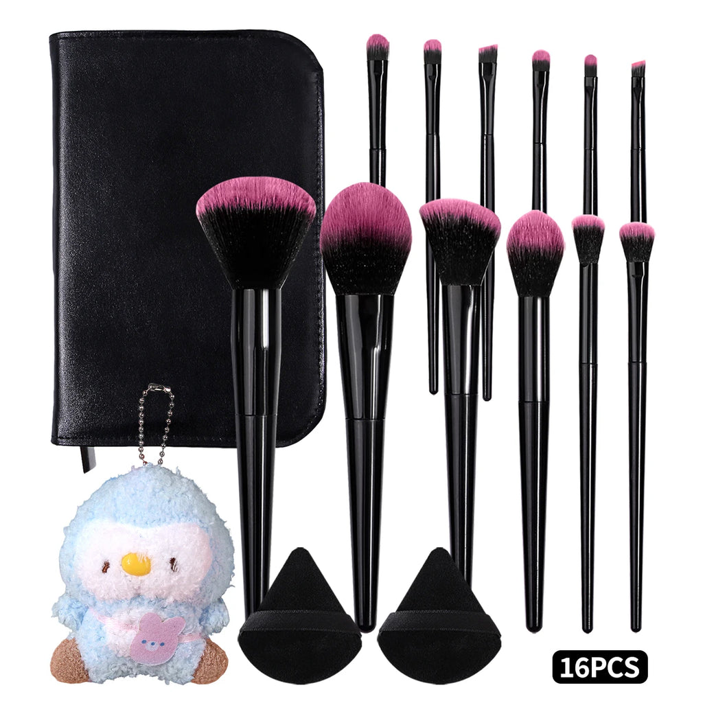 KOSSHOW 16-Piece Makeup Brush Set with PU Bag | Pink & Black Makeup Brush Set QXL black