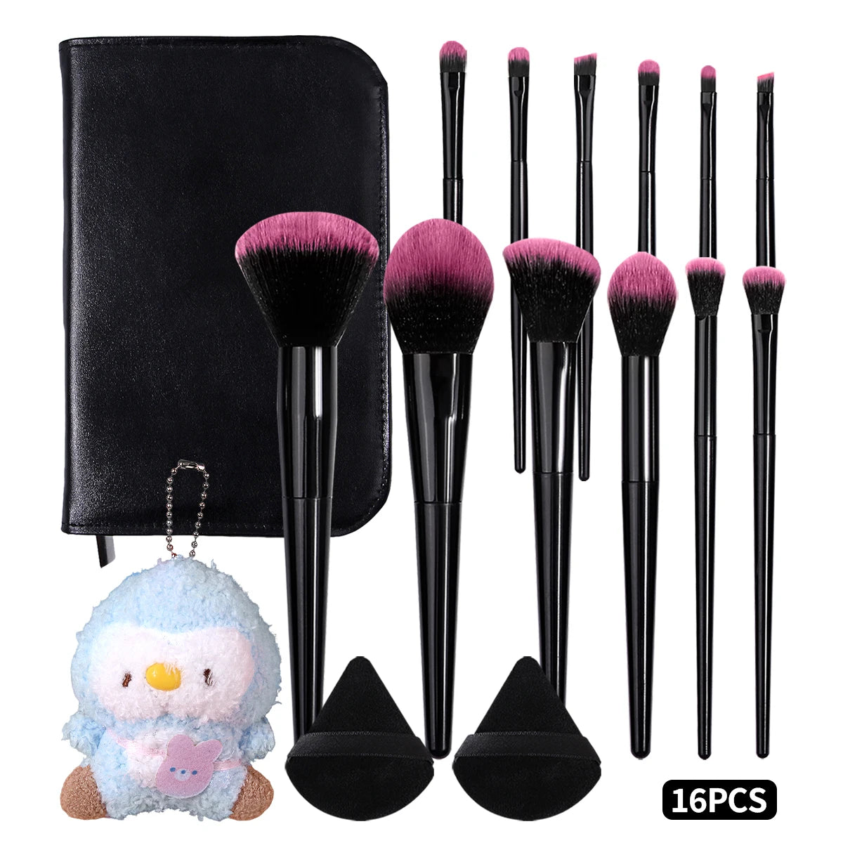 KOSSHOW 16-Piece Makeup Brush Set with PU Bag | Pink & Black Makeup Brush Set QXL black