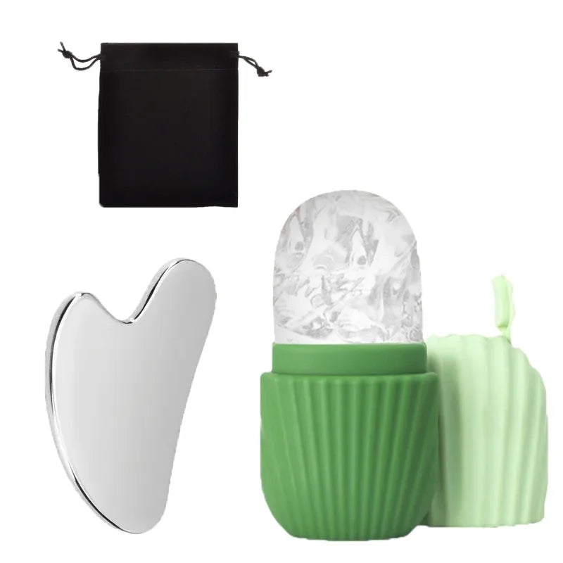 Ice Face Roller & Gua Sha Set | Cooling Facial Massage Ice Facial Roller Set QXL 3Pcs set Green