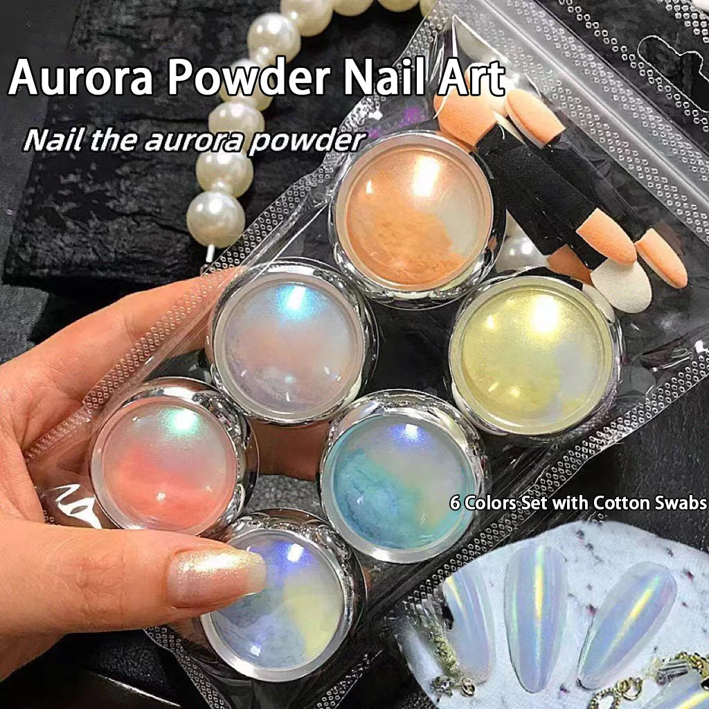 6-Piece Aurora Holographic Nail Powder | Mirror Chrome Effect Set Nail Art Powder QXL