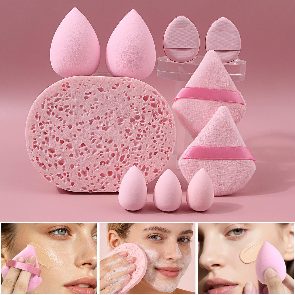 KOSSHOW 10-Pc Makeup Sponge & Powder Puff Kit | Blending Set Makeup Sponge Set QXL Pink