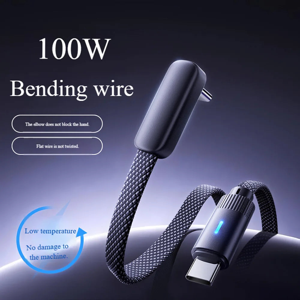 100W 90° Elbow USB-C Fast Charging Braided Cable | LED USB-C Charging Cable QXL