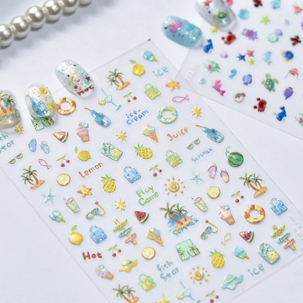 5D Summer Nail Stickers | Tropical Fruit & Beach Nail Decals Nail Art Stickers QXL