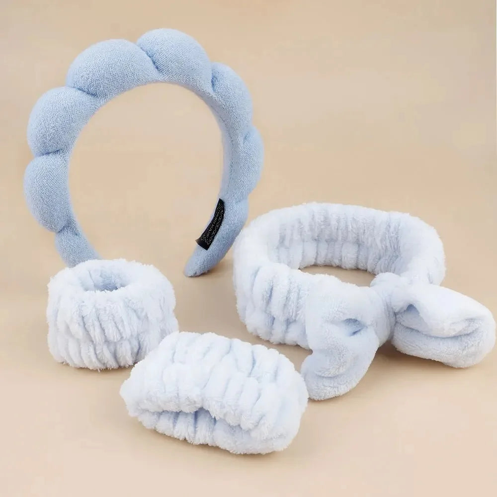 4-Piece Spa Headband & Wristband Set | Soft Plush Face Wash Spa Headband Set QXL